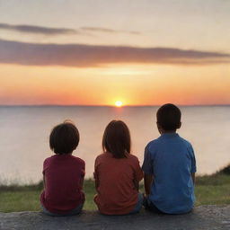 An image depicting a young boy and girl watching a sunset. Another boy is there as well, but his attention is on the girl rather than the beautiful sunset.