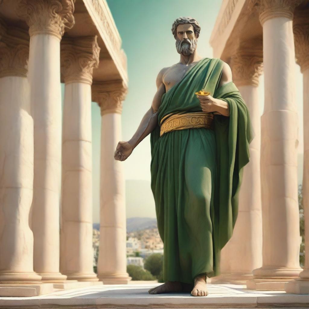 A majestic Greek god standing tall, adorned in green and golden robes