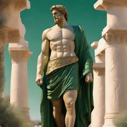 A majestic Greek god standing tall, adorned in green and golden robes