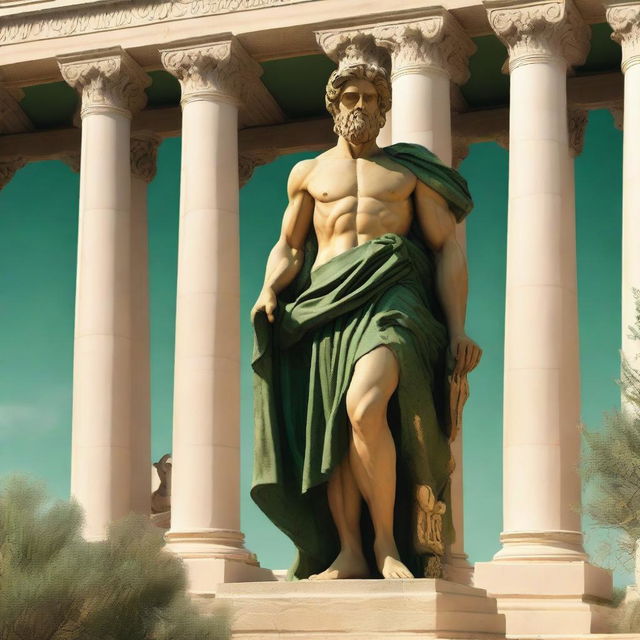 A majestic Greek god standing tall, adorned in green and golden robes