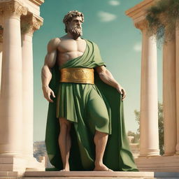 A majestic Greek god standing tall, adorned in green and golden robes