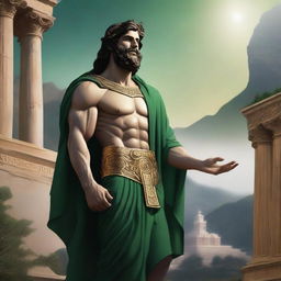 A majestic Greek god adorned in black, green, and golden robes