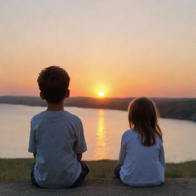 An image depicting a young boy and girl watching a sunset. Another boy is there as well, but his attention is on the girl rather than the beautiful sunset.