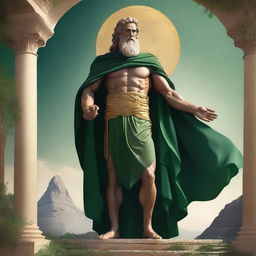 A majestic Greek god adorned in black, green, and golden robes