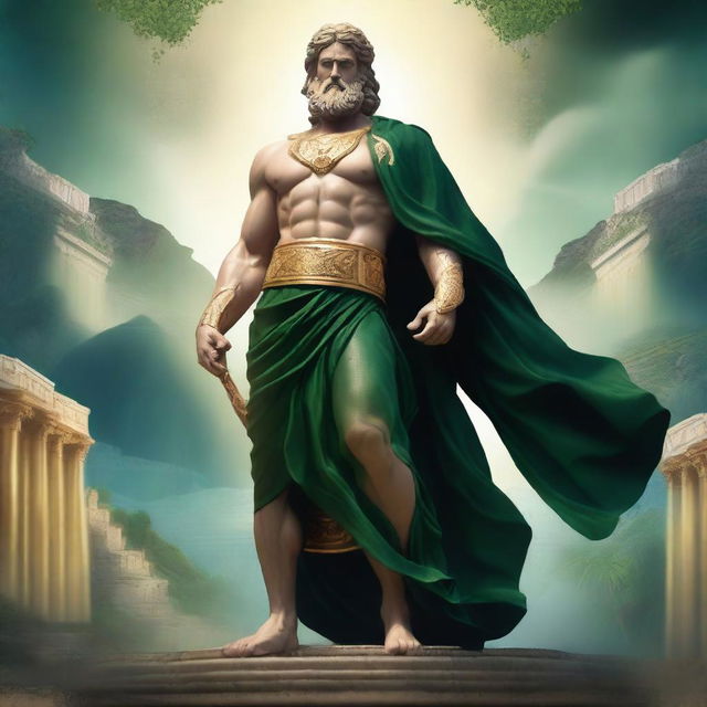 A majestic Greek god adorned in black, green, and golden robes