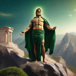 A majestic Greek god adorned in black, green, and golden robes