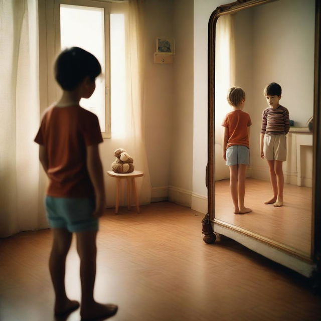 An adult standing in front of a large mirror, looking at his reflection