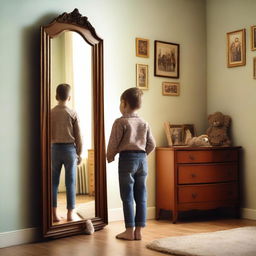 An adult standing in front of a large mirror, looking at his reflection