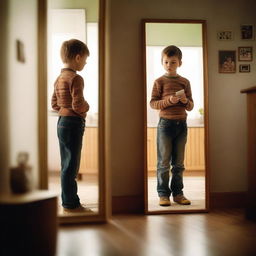 An adult standing in front of a large mirror, looking at his reflection