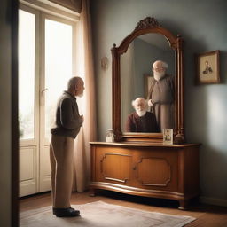 An old man standing in front of a large mirror, looking at his reflection