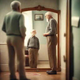 An old man standing in front of a large mirror, looking at his reflection