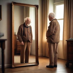 An old man standing in front of a large mirror, looking at his reflection