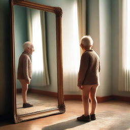 An old man standing in front of a large mirror, looking at his reflection