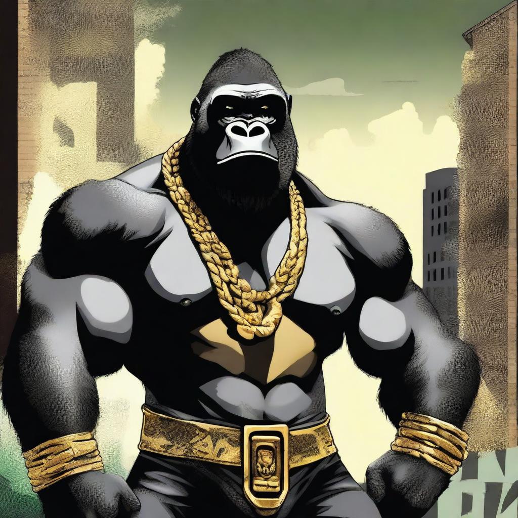 A strong and fierce gorilla wearing flashy gold grillz, standing in a confident gangster pose