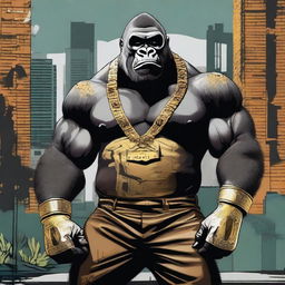 A strong and fierce gorilla wearing flashy gold grillz, standing in a confident gangster pose