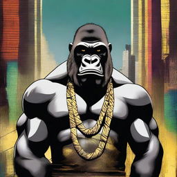 A strong and fierce gorilla wearing flashy gold grillz, standing in a confident gangster pose