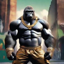 A strong and fierce gorilla wearing flashy gold grillz, standing in a confident gangster pose