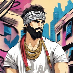 A Greek god wearing a bandana and dressed in modern gang attire