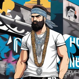 A Greek god wearing a bandana and dressed in modern gang attire