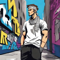 A Greek god wearing a bandana and dressed in modern gang attire