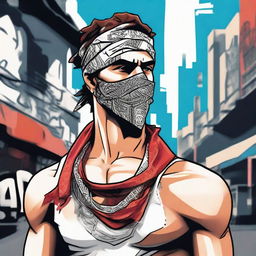 A Greek god wearing a bandana and dressed in modern gang attire