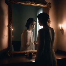 A mysterious, ethereal figure whispering from behind a mirror, casting a faint glow