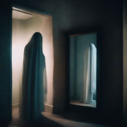 A chilling scene of a ghostly figure whispering horror stories from behind a mirror