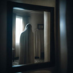 A chilling scene of a ghostly figure whispering horror stories from behind a mirror