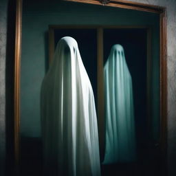 A chilling scene of a ghostly figure whispering horror stories from behind a mirror