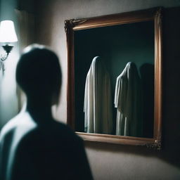 A chilling scene of a ghostly figure whispering horror stories from behind a mirror