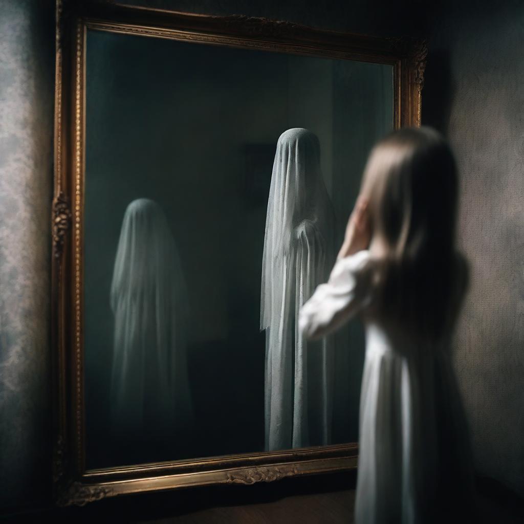 A chilling scene of a ghostly figure whispering horror stories from behind a mirror to a young girl