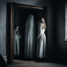 A chilling scene of a ghostly figure whispering horror stories from behind a mirror to a young girl