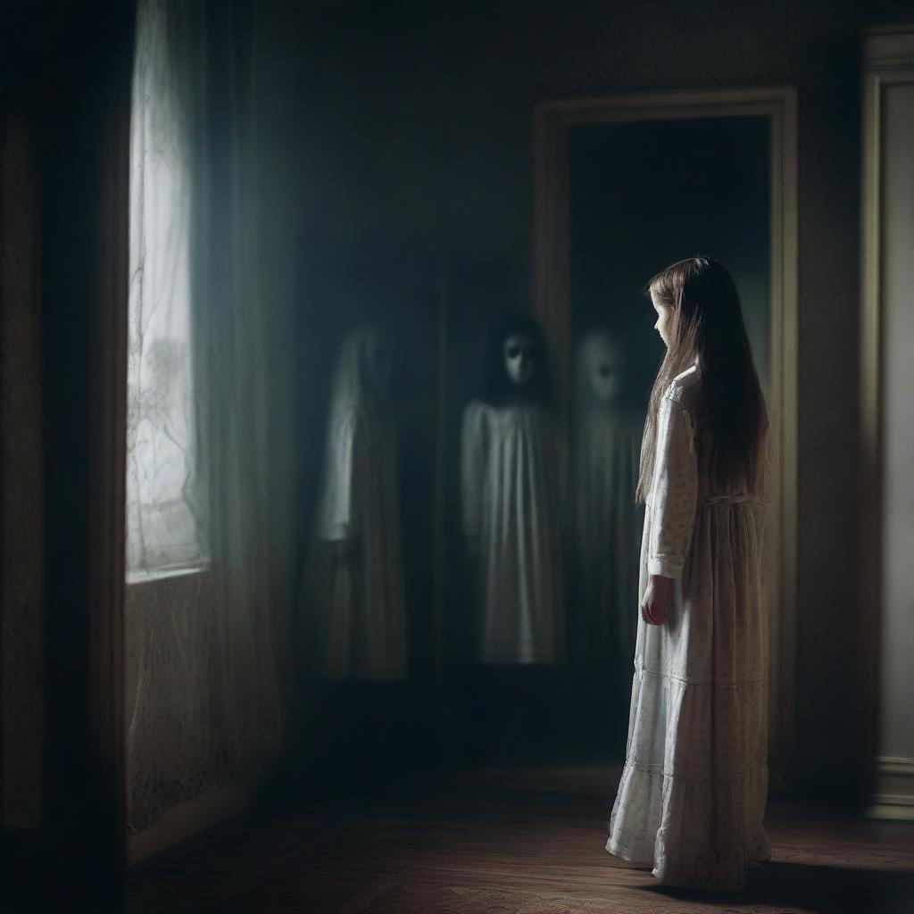 A chilling scene of a ghostly figure whispering horror stories from behind a mirror to a young girl