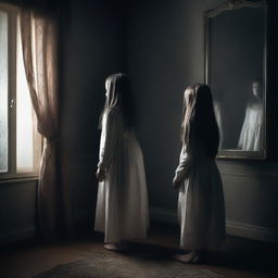 A chilling scene of a ghostly figure whispering horror stories from behind a mirror to a young girl