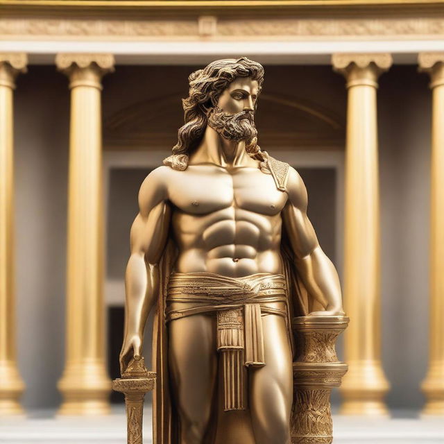 A detailed gold statue of a Greek god standing majestically