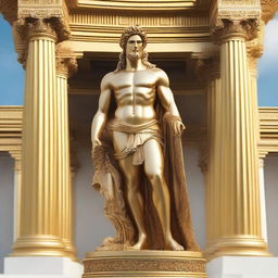 A detailed gold statue of a Greek god standing majestically