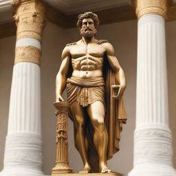 A detailed gold statue of a Greek god standing majestically