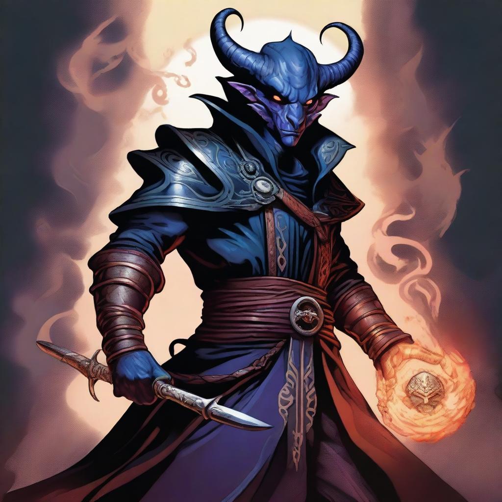 A detailed and dynamic illustration of a Tiefling character from Dungeons & Dragons