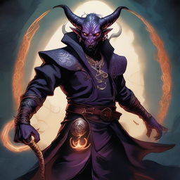 A detailed and dynamic illustration of a Tiefling character from Dungeons & Dragons