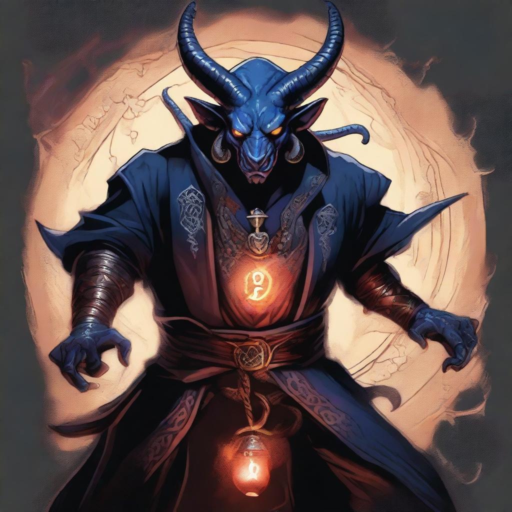 A detailed and dynamic illustration of a Tiefling character from Dungeons & Dragons