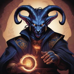 A detailed and dynamic illustration of a Tiefling character from Dungeons & Dragons