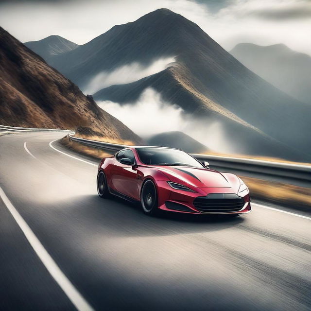 A sleek, modern sports car performing an impressive drift on a winding mountain road, with smoke trailing from its tires and a scenic landscape in the background