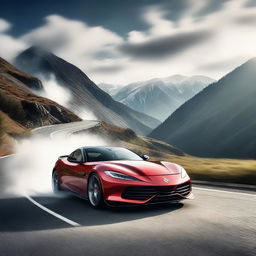 A sleek, modern sports car performing an impressive drift on a winding mountain road, with smoke trailing from its tires and a scenic landscape in the background