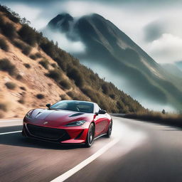 A sleek, modern sports car performing an impressive drift on a winding mountain road, with smoke trailing from its tires and a scenic landscape in the background