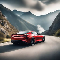 A sleek, modern sports car performing an impressive drift on a winding mountain road, with smoke trailing from its tires and a scenic landscape in the background