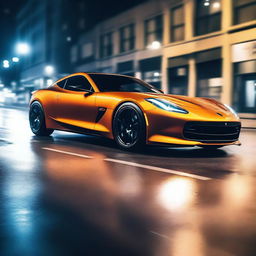 A sleek, modern sports car performing an impressive drift on a busy city street at night, with smoke trailing from its tires and city lights illuminating the scene