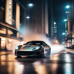 A sleek, modern sports car performing an impressive drift on a busy city street at night, with smoke trailing from its tires and city lights illuminating the scene