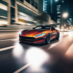 A sleek, modern sports car performing an impressive drift on a busy city street at night, with smoke trailing from its tires and city lights illuminating the scene