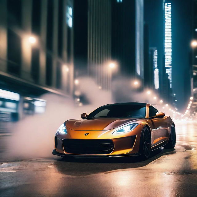 A sleek, modern sports car performing an impressive drift on a busy city street at night, with smoke trailing from its tires and city lights illuminating the scene