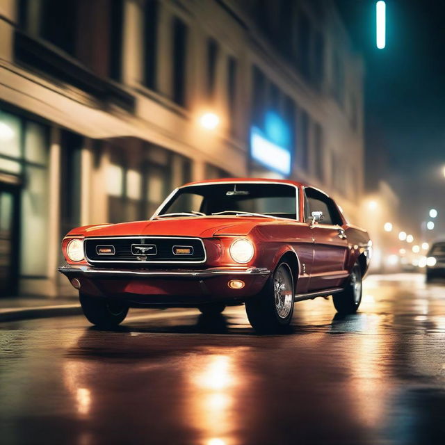 A classic Ford Mustang performing an impressive drift on a busy city street at night, with smoke trailing from its tires and city lights illuminating the scene